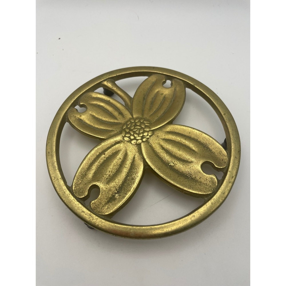 Virginia Metalcrafters Brass Dogwood Trivet 10-12 Vintage 1950 Floral Decor 5"